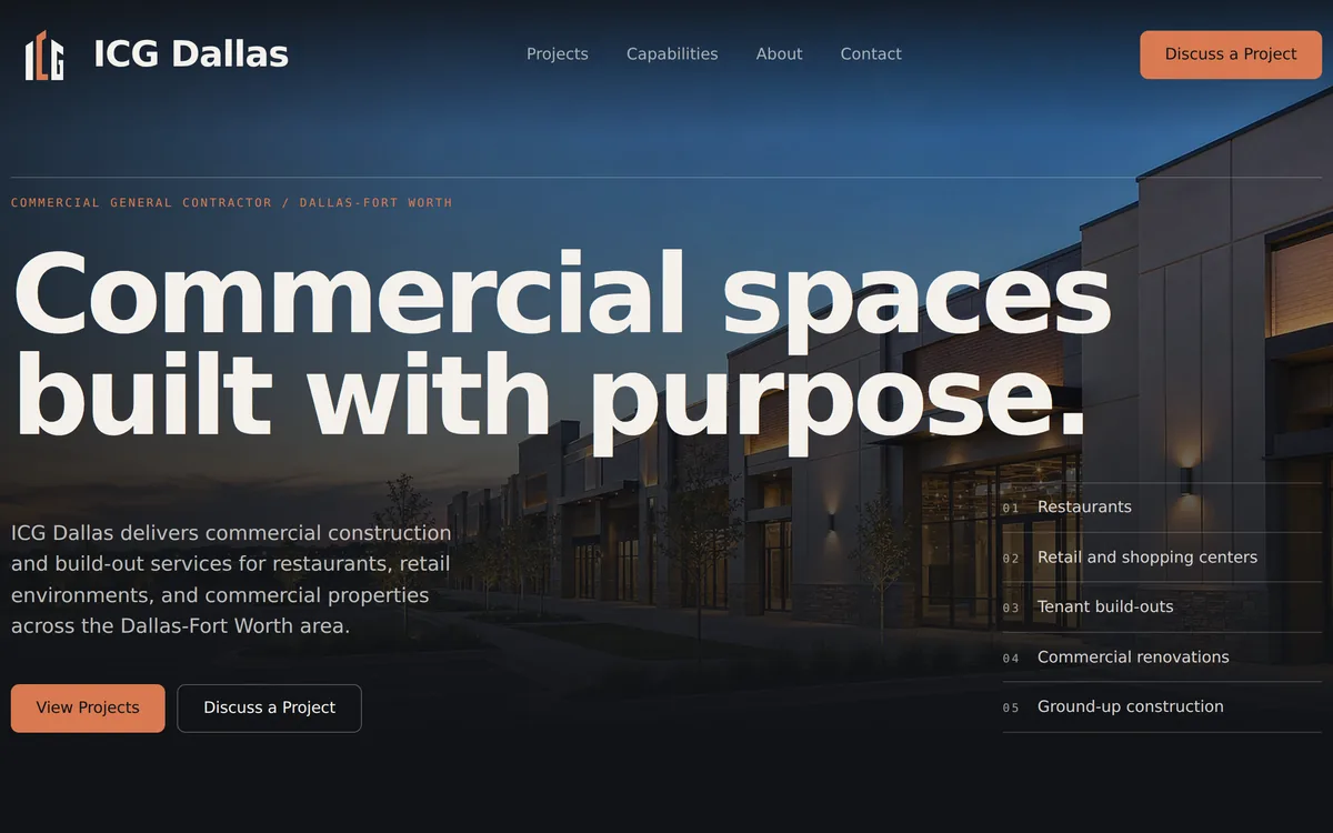 The ICG Dallas homepage: a dark photograph of a commercial building at dusk behind the headline Commercial spaces built with purpose, with a numbered list of capabilities.